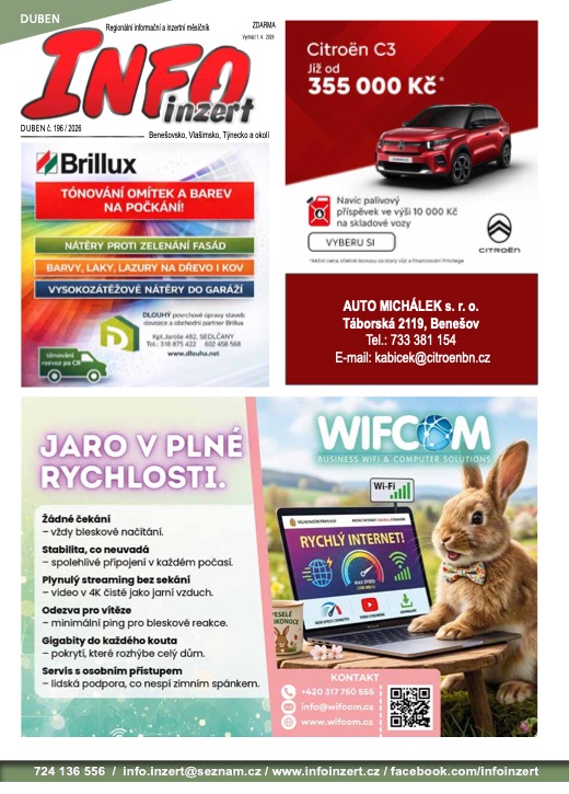 INFO inzert Benešov, Vlašim, Týnec, Duben 2026, č. 196