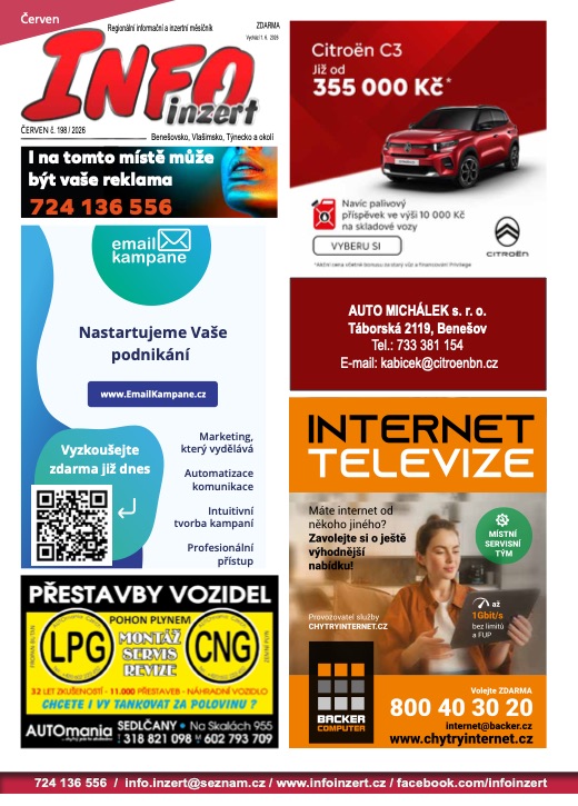 INFO inzert Benešov, Vlašim, Týnec, Červen 2026, č. 198