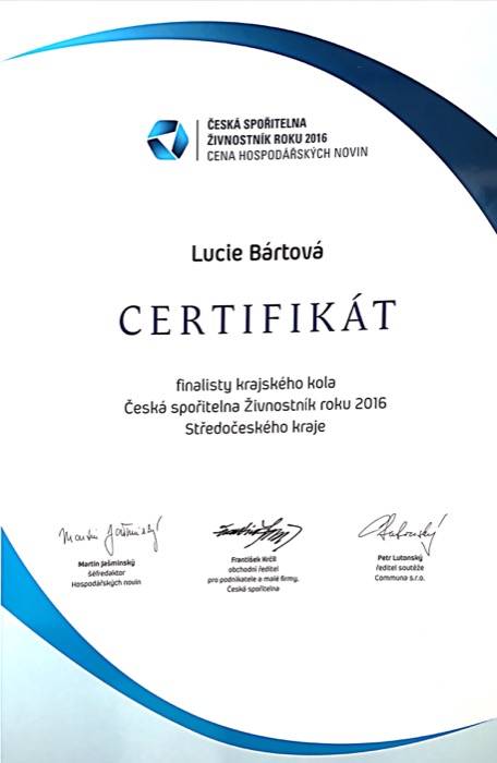 Certifikát finalistky Živnostník roku 2016