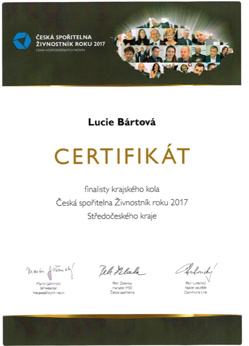 Certifikát finalistky Živnostník roku 2017