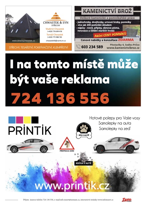 Vnitřní strana INFO inzert s inzeráty místních firem a volným místem pro reklamu